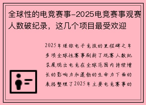 全球性的电竞赛事-2025电竞赛事观赛人数破纪录，这几个项目最受欢迎
